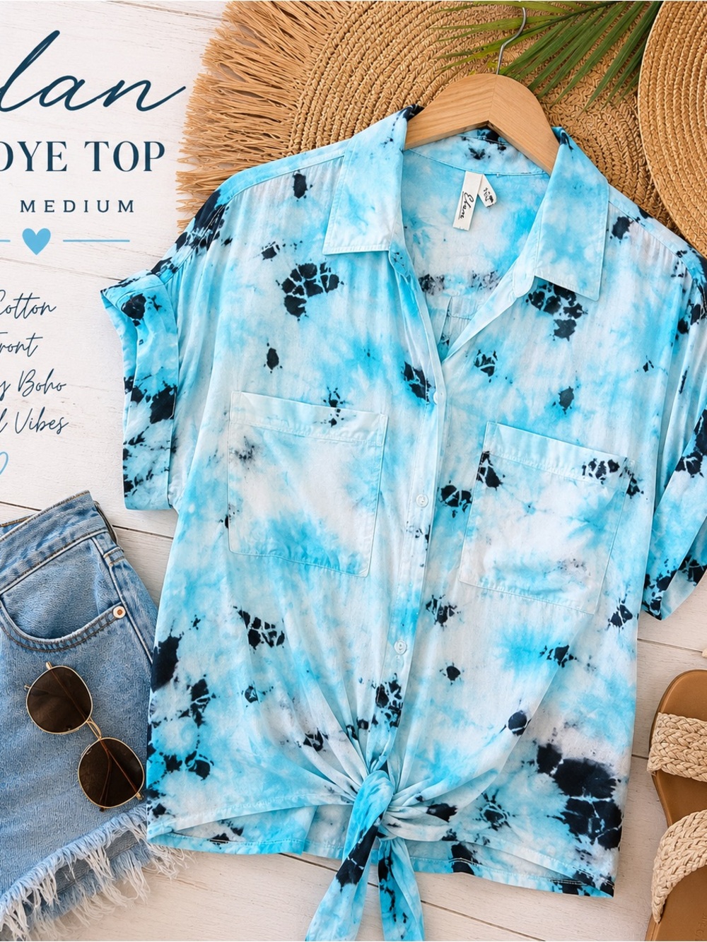 Elan Tie Dye Button Front Tie Hem Top Blue Black Cotton Medium